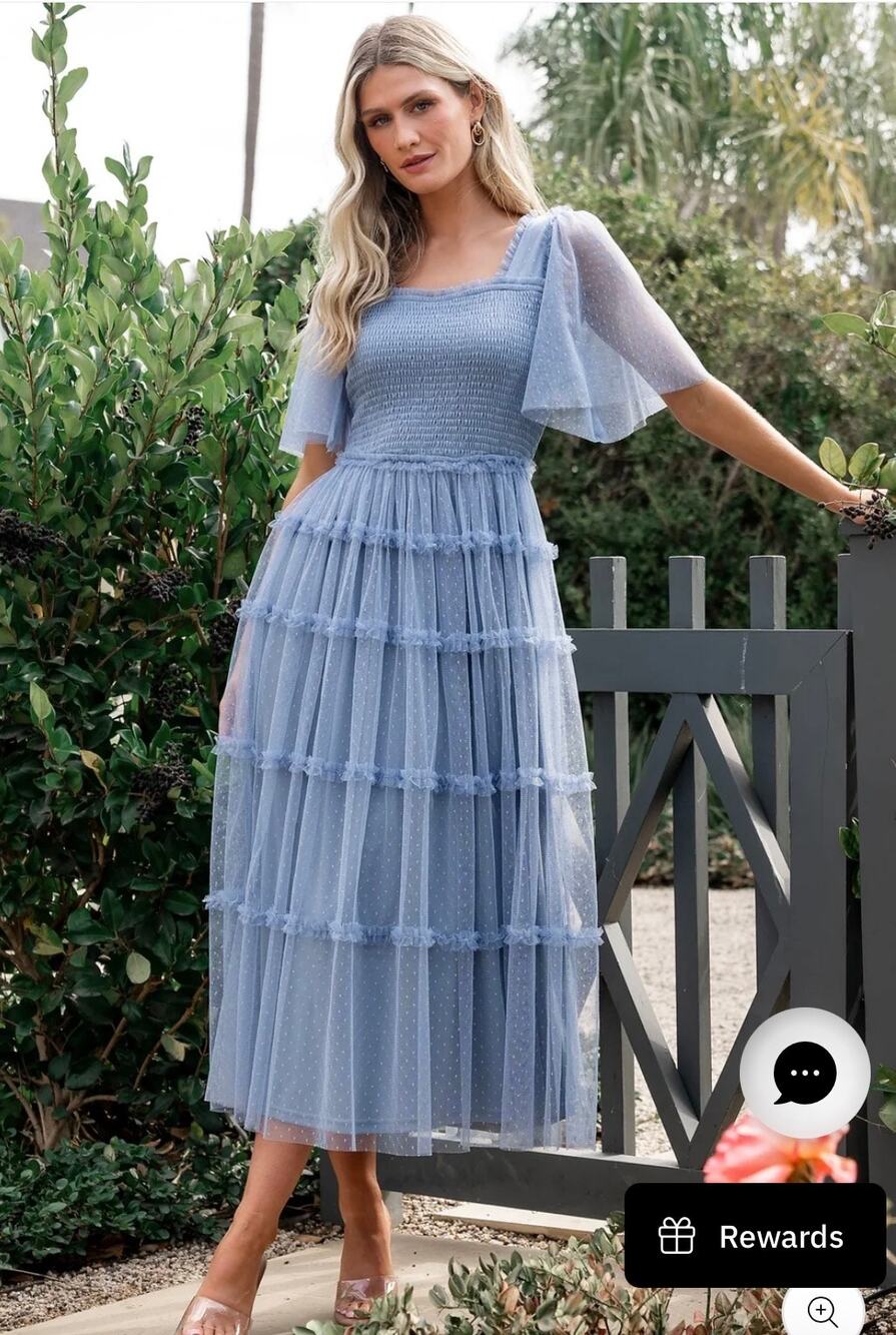 Dress Day Bexley Dusty Blue Dotted Tulle Smocked Midi Dress Large